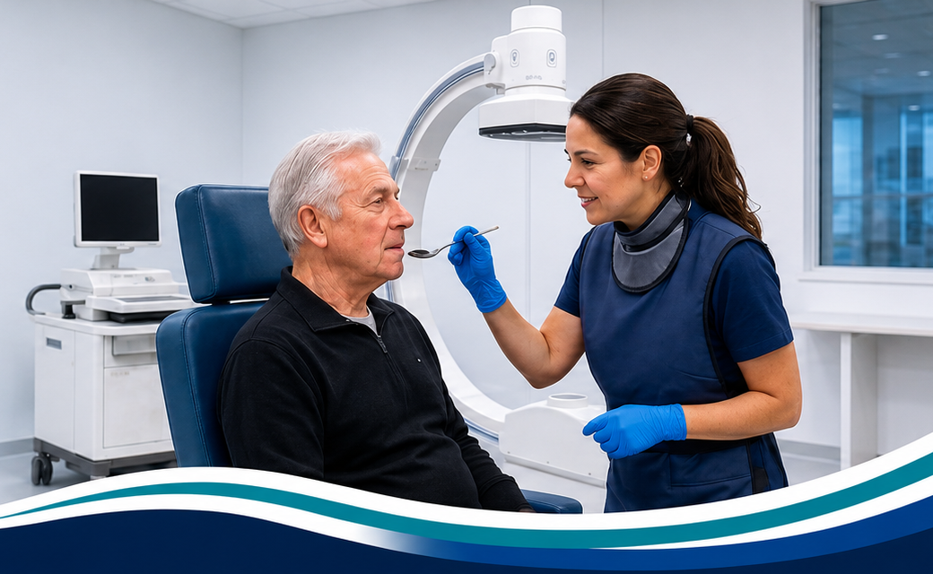 Clinician conducting a swallowing assessment with a patient in a clinical imaging suite